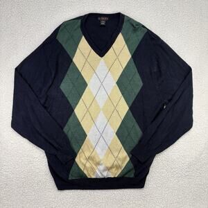 Divots Cashmere Silk Argyle Sweater Mens Size XL Navy Yellow Preppy Golf Tennis